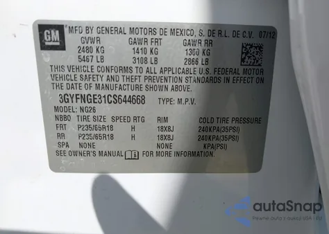 2012 Cadillac Srx Standard из США, поврежденный, VIN 3GYFNGE31CS644668